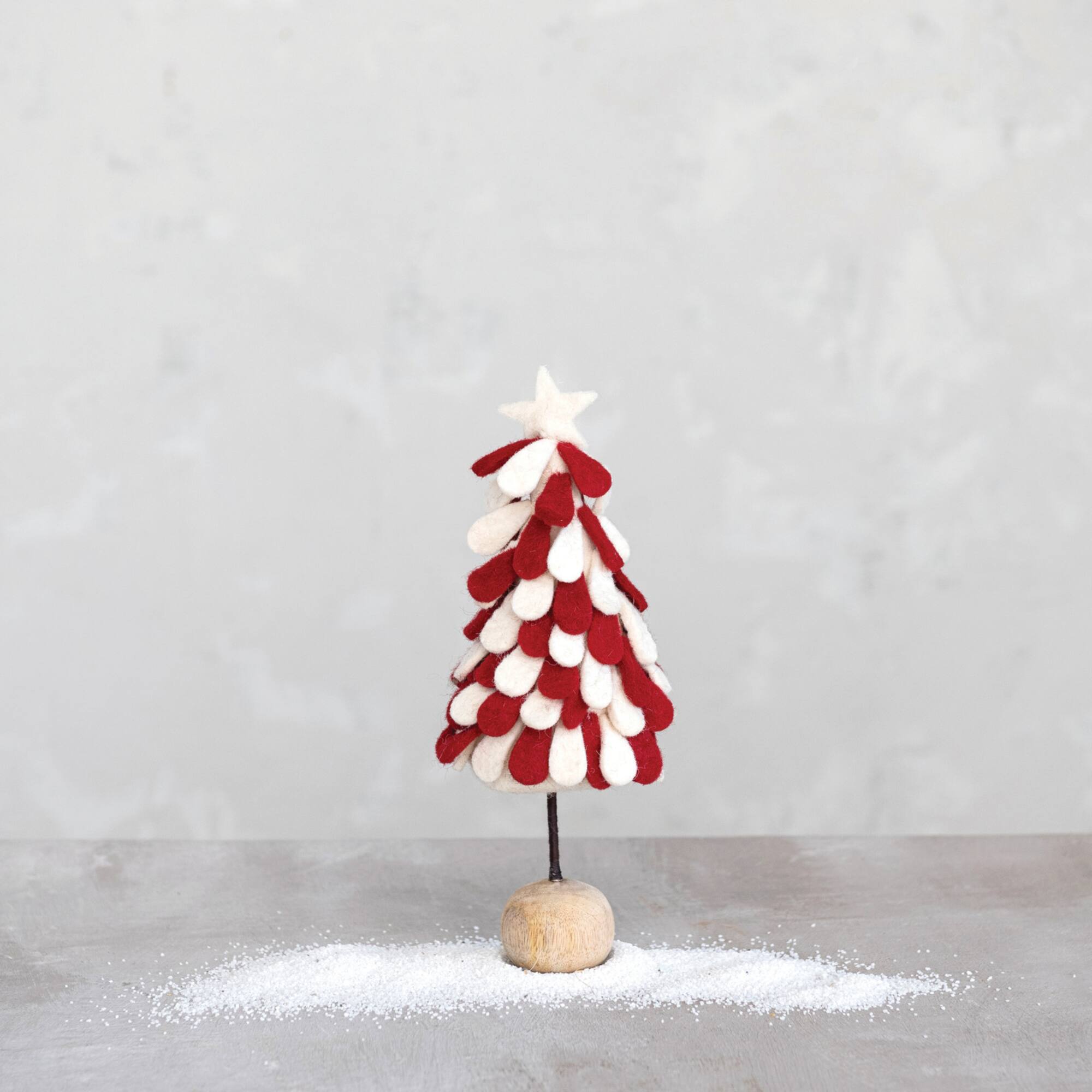 Hello Honey® 13" Red & White Star-Topped Handmade Wool Felt Tree with Wood Ball Base